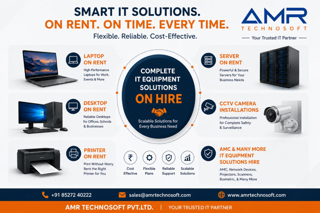 smart IT Solution Laptop on rent on time every time. AMR technosoft is a Leading IT Equipment Solution service provider in India's which on of the best solution for hire complete IT Equipment Rental 